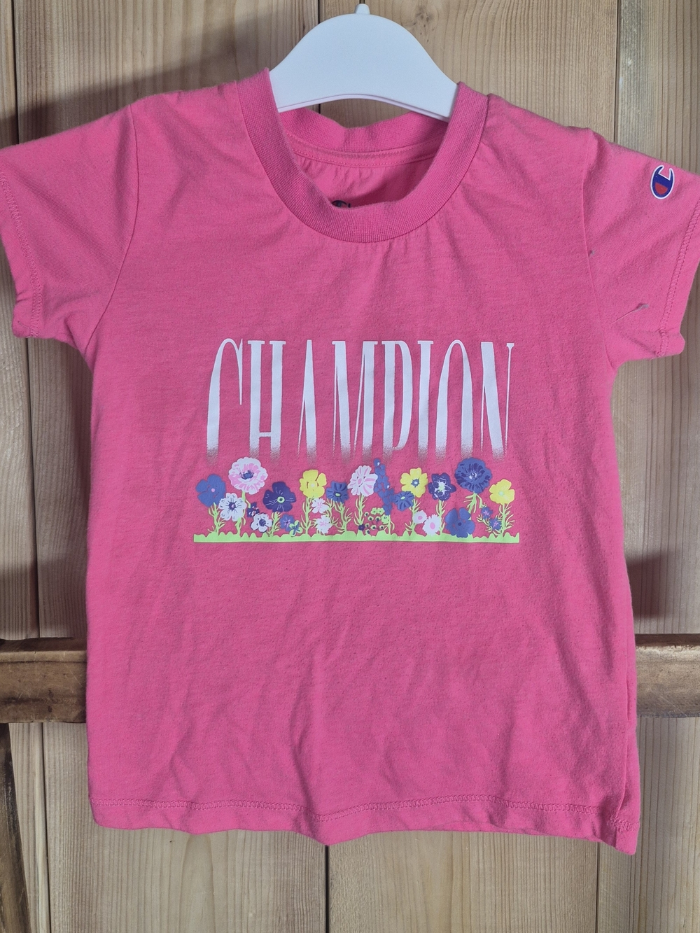 Champion Pink Tee with White Logo and Floral Print